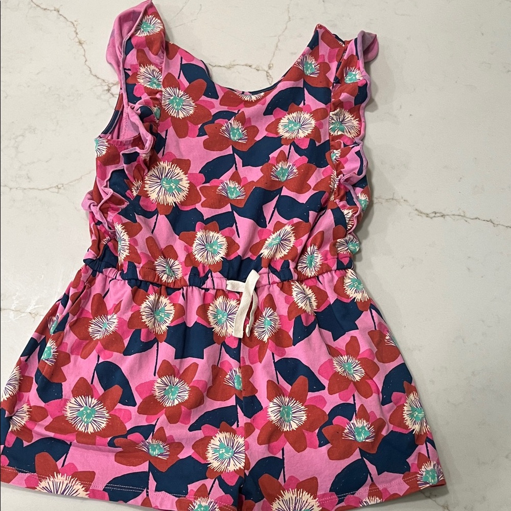 Tea Collection Girls Floral Romper Pink Ruffle Strap Playsuit Size 8